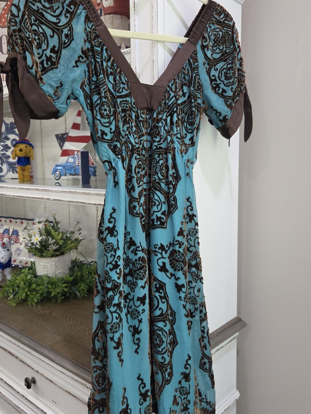 Turquoise and Brown Patterned Midi Dress with Tie Sleeves